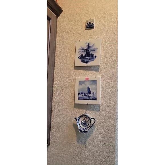 Delft Nautical Sailboat Windmill Holland Germany Set of 4 Ceramic Tiles Dishes - Picture 5 of 12